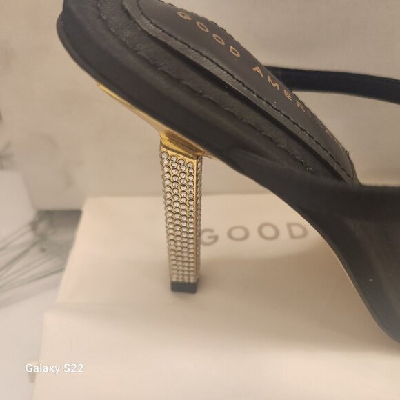 Good American Black Satin and Gold Rhinestone Square Toe Heels GA115K-X Size 5.5 - Picture 4 of 10